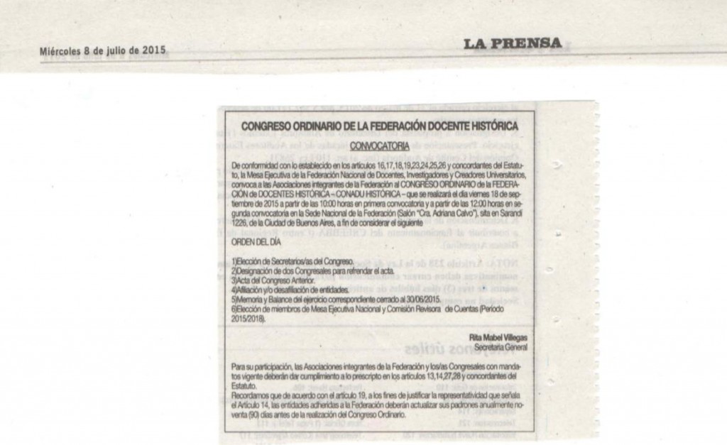 CONADU Histórica convocó al Congreso Ordinario