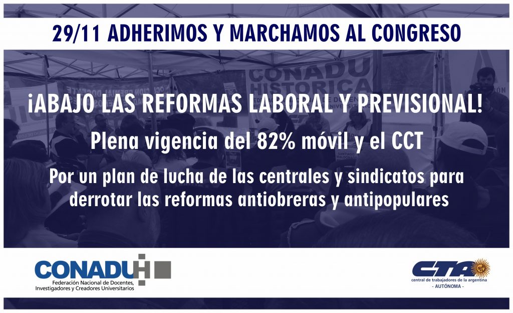 CONADU Histórica adhiere la marcha del miércoles 29 al Congreso contra el paquete de reformas antipopulares