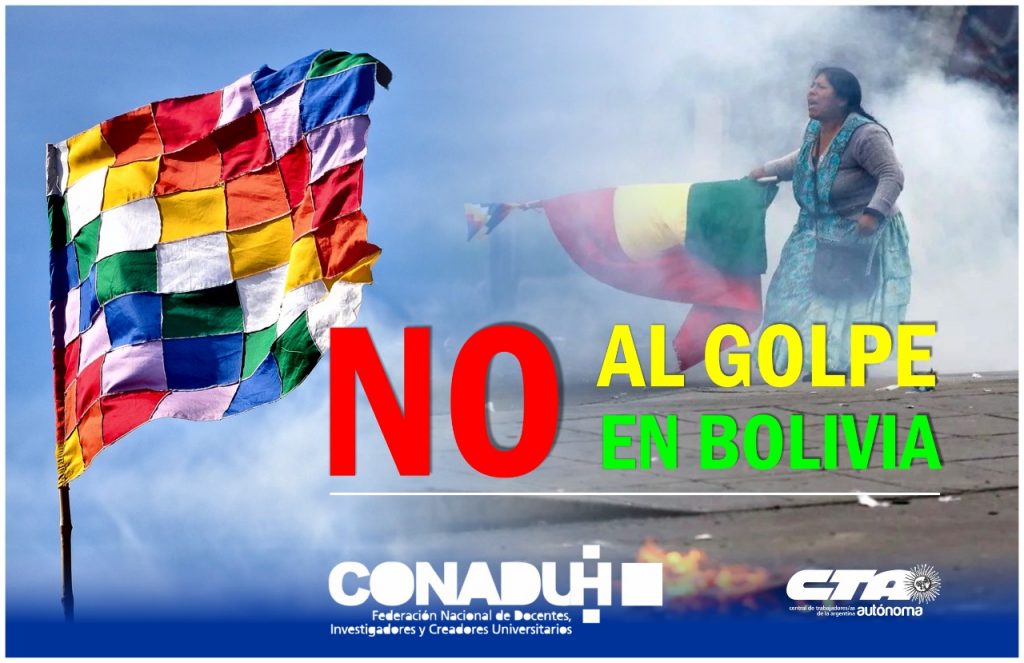 Lunes 18 CONADU HISTÓRICA convoca a movilizarse a Plaza de Mayo y en todo el país en repudio al Golpe de Estado y en solidaridad con la lucha del Pueblo Boliviano