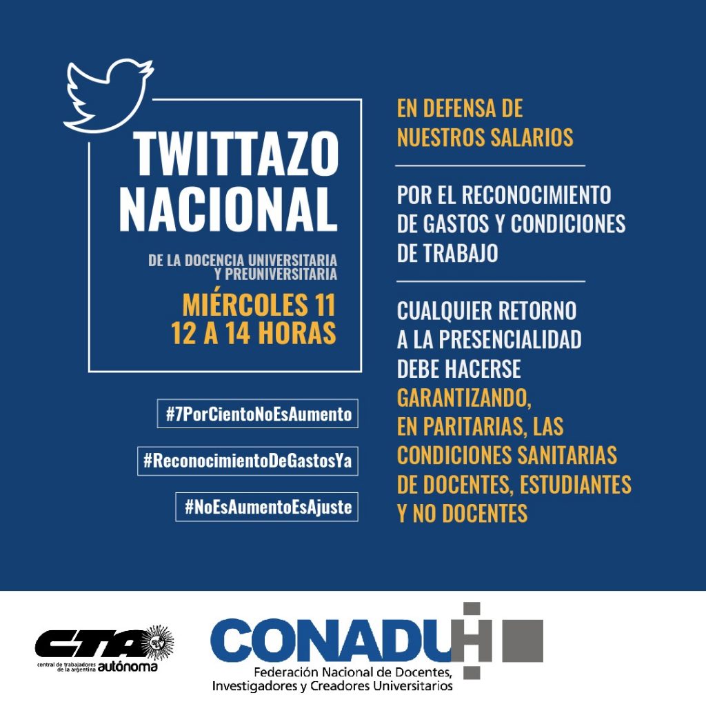 MIERCOLES 11: CONADU Histórica convoca a un nuevo twittazzo para visibilizar las demandas de la docencia de las Universidades Nacionales