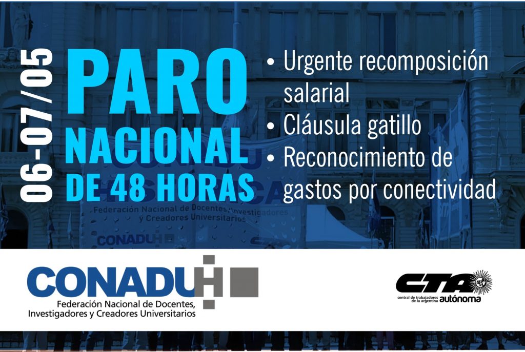6 y 7 de mayo, Paro Nacional de la docencia de las Universidades Nacionales. Sigue el plan de lucha de CONADU Histórica