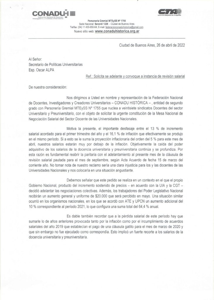 CONADU Histórica reclamó al CIN y la SPU la urgente constitución de la Mesa Nacional de Negociación Salarial del Sector Docente de las Universidades Nacionales